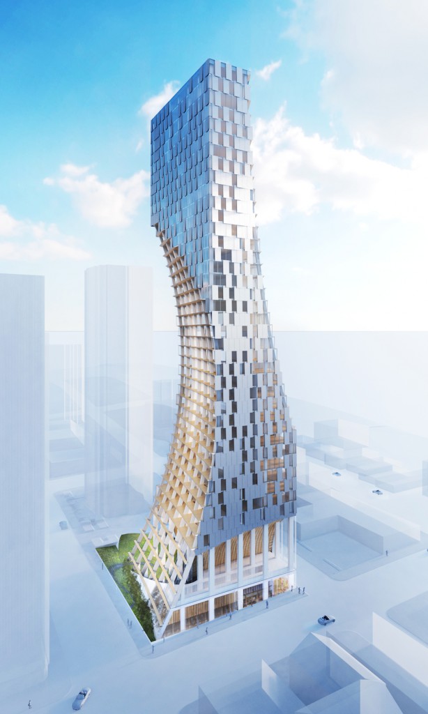 The 43-storey tower is carved by two emphatic scoops that form deep balconies wrapped in wood. The scoops open up the space for the neighbouring towers while internally creating semi-enclosures with open views of Vancouver. 